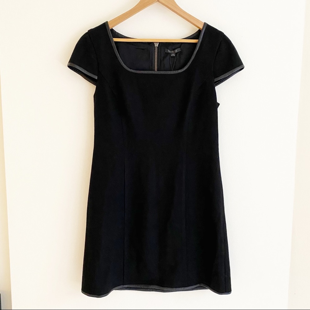 Rachel Zoe Leather Trim Wool Mini Shift Dress Black 10 NWT
